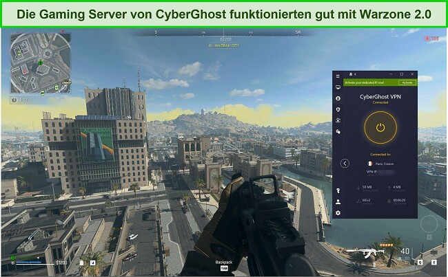 Screenshot von CyberGhost VPN, das mit einem französischen Server verbunden ist, während Warzone 2.0 gespielt wird