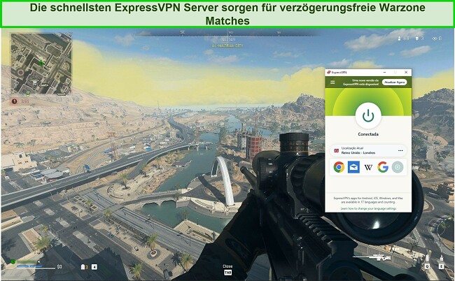 Screenshot von ExpressVPN, das mit einem britischen Server verbunden ist, während Warzone 2.0 gespielt wird