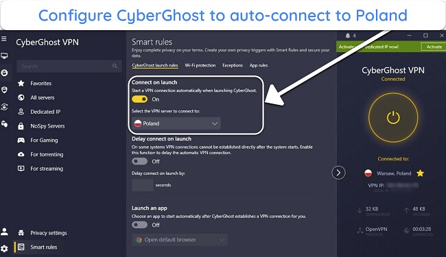 image of CyberGhost's Windows app, showing the Smart Rules 