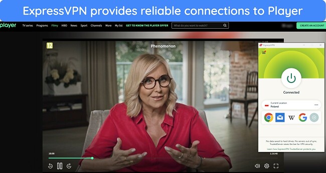 ExpressVPN's Windows app connected to a Polish server, with Player.PL streaming 