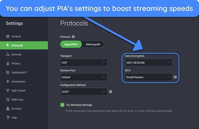 Image of PIA's Windows app, highlighting the Protocols customization options that can boost streaming speeds.