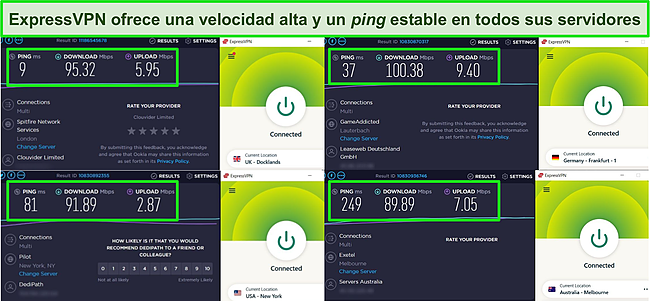 Captura de pantalla de las pruebas de velocidad realizadas en 4 servidores ExpressVPN.