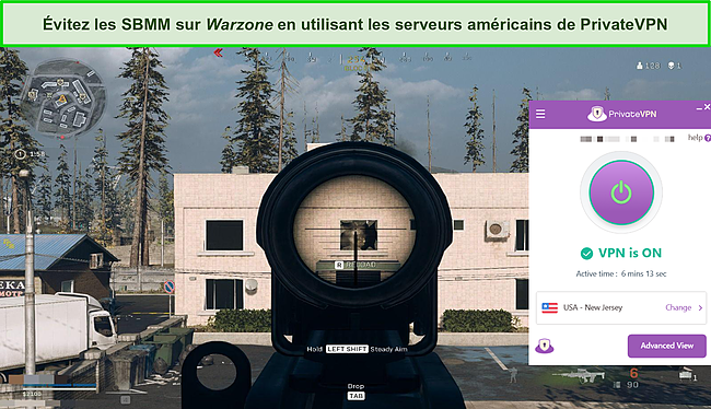 Capture d'écran du gameplay de Call of Duty: Warzone utilisant PrivateVPN.