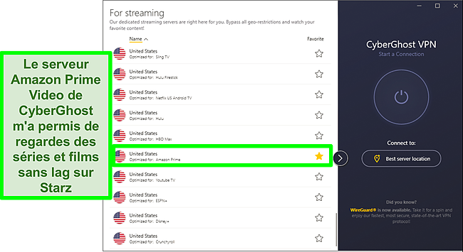 Capture d'écran du menu du serveur de streaming de CyberGhost montrant une option optimisée pour Amazon Prime Video