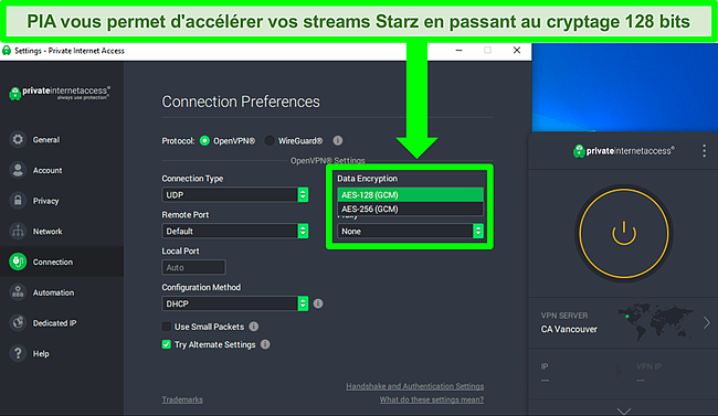 Capture d'écran de l'interface utilisateur de PIA sous Windows montrant l'onglet Connexion du menu des paramètres