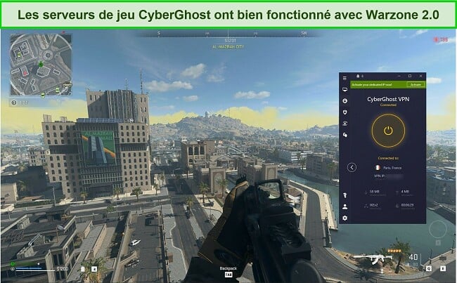 Capture d'écran de CyberGhost VPN connecté à un serveur français en jouant à Warzone 2.0