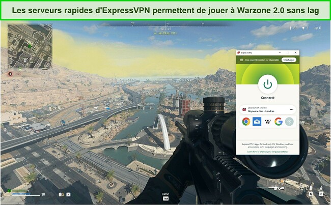 Capture d'écran d'ExpressVPN connecté à un serveur britannique tout en jouant à Warzone 2.0