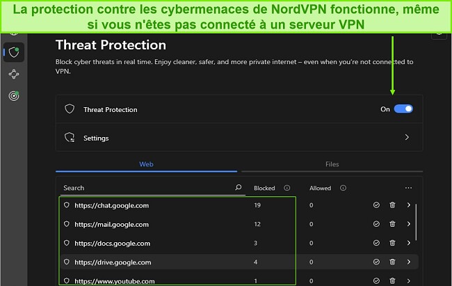 Capture d'écran de la fonction de protection contre les menaces de NordVPN