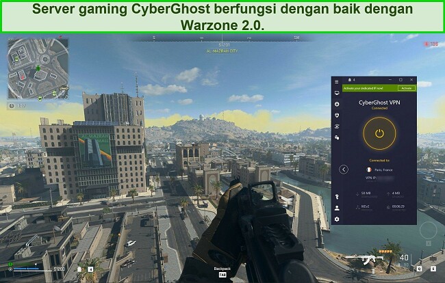 Tangkapan layar CyberGhost VPN yang terhubung ke server Prancis saat memainkan Warzone 2.0