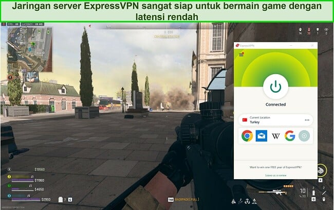 Tangkapan layar ExpressVPN yang terhubung ke server Inggris saat memainkan Warzone 2.0