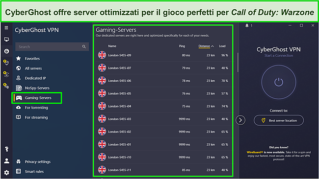 Screenshot dell'elenco dei server di gioco di CyberGhost.