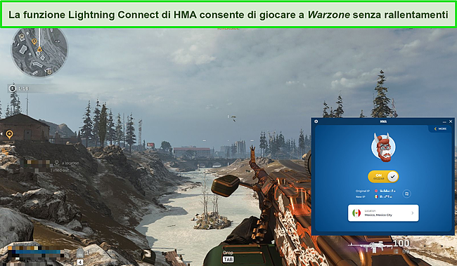 Screenshot di Call of Duty: Warzone con una connessione HMA.