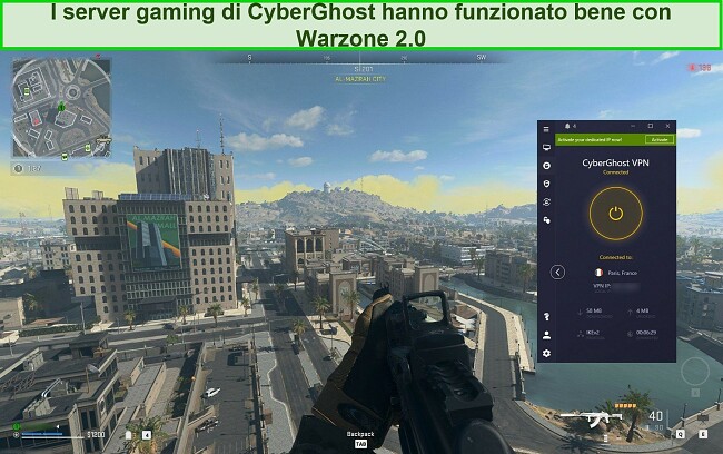Screenshot of CyberGhost VPN connected to a French server while playing Warzone 2.0