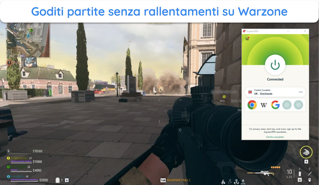 Screenshot che mostra una partita in corso di Call of Duty: Warzone mentre si è connessi a ExpressVPN.
