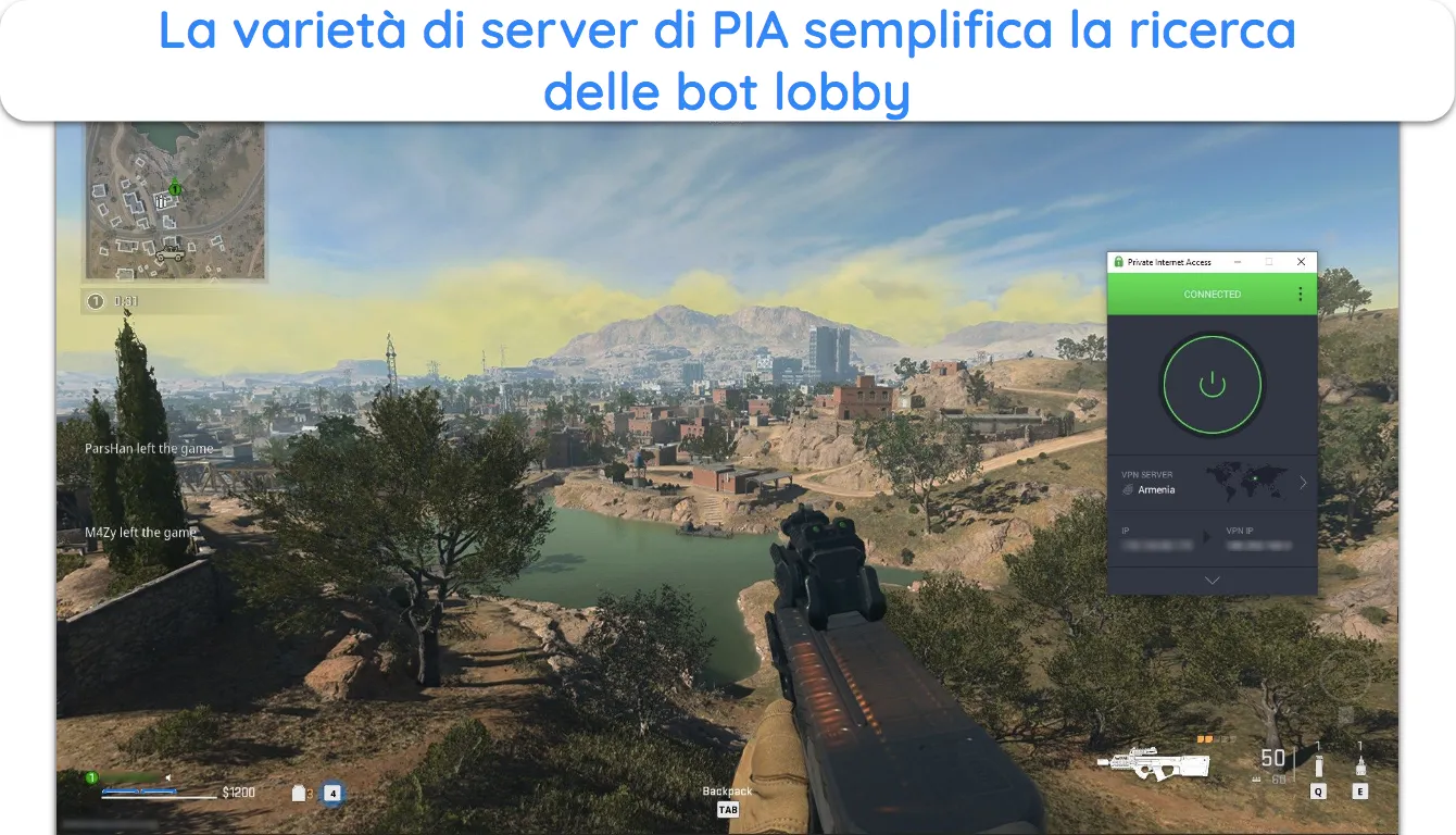 Screenshot che mostra una partita in corso di Call of Duty: Warzone mentre si è connessi a un server ExpressVPN in Armenia.