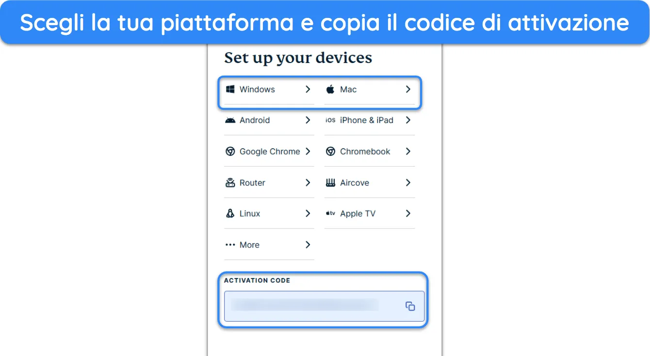 Screenshot che mostra come scaricare ExpressVPN e ottenere il suo codice di attivazione.