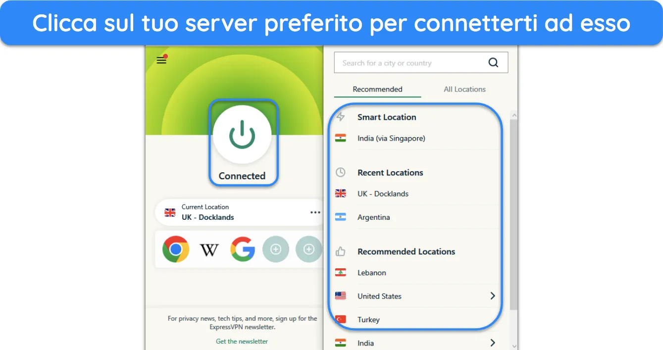 Screenshot che mostra come connettersi a un server ExpressVPN.