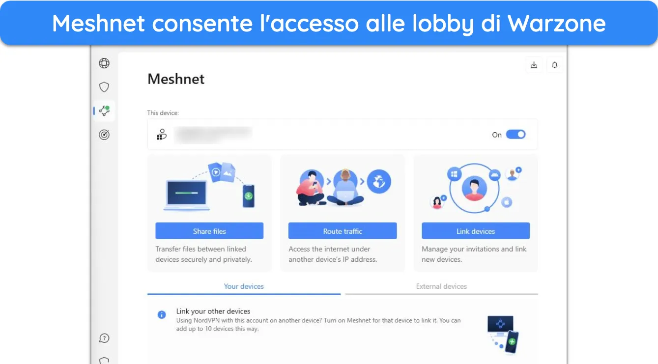 Screenshot che mostra la funzionalità Meshnet di NordVPN.