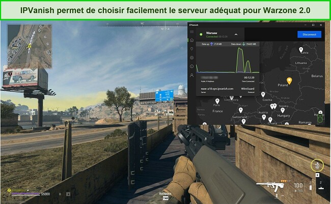 Screenshot di IPVanish connesso a un server polacco durante la riproduzione di Warzone 2.0