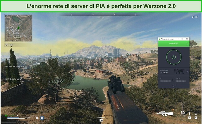 Schermata dell'accesso privato a Internet connesso a un server armeno durante la riproduzione di Warzone 2.0