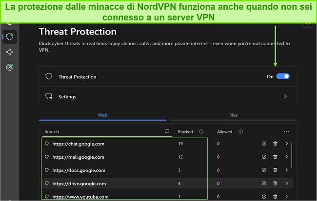 Screenshot della funzionalità di protezione dalle minacce di NordVPN