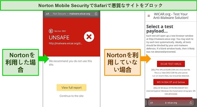 「ベストAVs iOSノートンウェブ保護は悪意のあるサイトをブロック。Safariはアクセスを許可。」