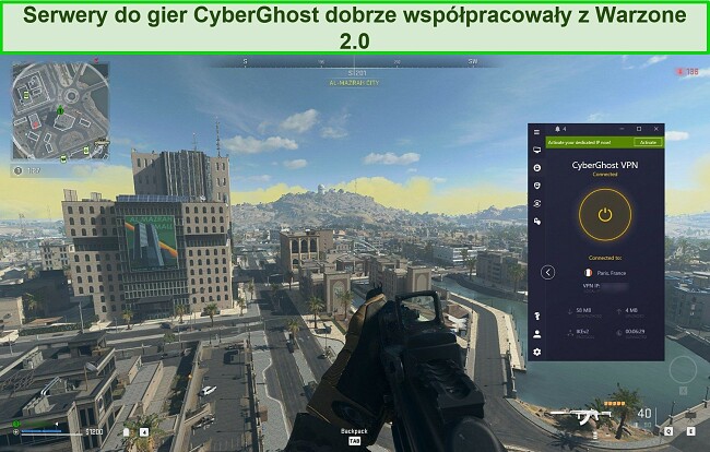 Zrzut ekranu przedstawiający CyberGhost VPN podłączony do francuskiego serwera podczas gry w Warzone 2.0