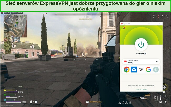 Zrzut ekranu przedstawiający ExpressVPN połączony z serwerem w Wielkiej Brytanii podczas gry w Warzone 2.0