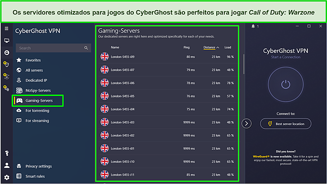 Captura de tela da lista de servidores de jogos do CyberGhost.