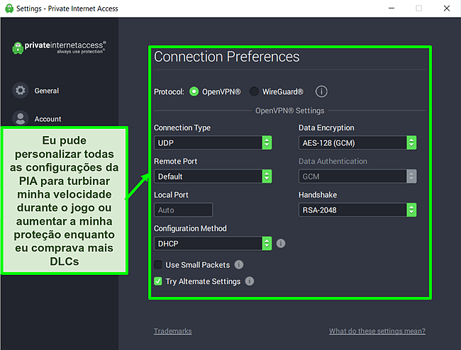 Captura de tela das configurações PIA personalizáveis.