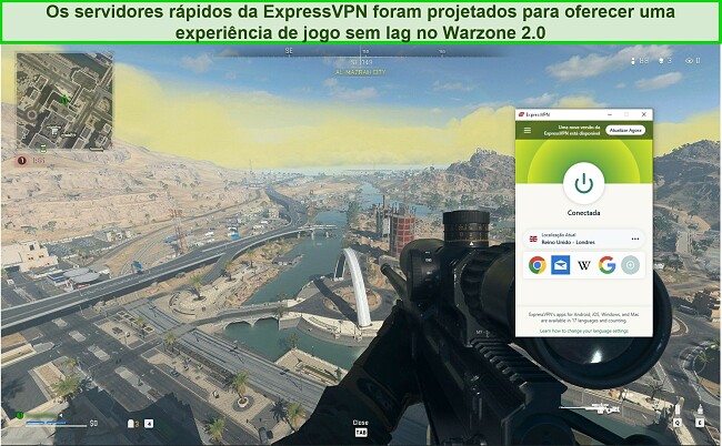 Captura de tela do ExpressVPN conectado a um servidor do Reino Unido enquanto joga Warzone 2.0