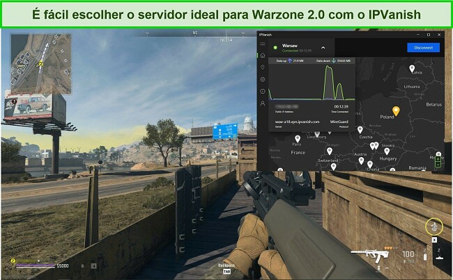 Captura de tela do IPVanish conectado a um servidor polonês enquanto joga Warzone 2.0