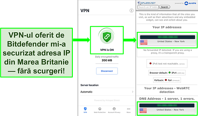 Captură de ecran care prezintă caracteristica Bitdefender iOS VPN și rezultatele unui test de scurgere IP care nu prezintă scurgeri.
