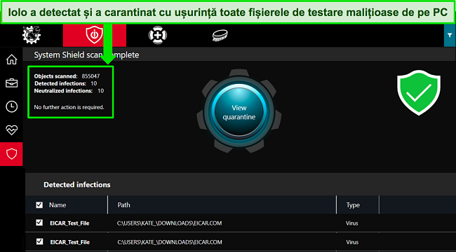 Captură de ecran a aplicației Windows iolo care arată o scanare System Shield finalizată cu mai multe fișiere malware de testare detectate.