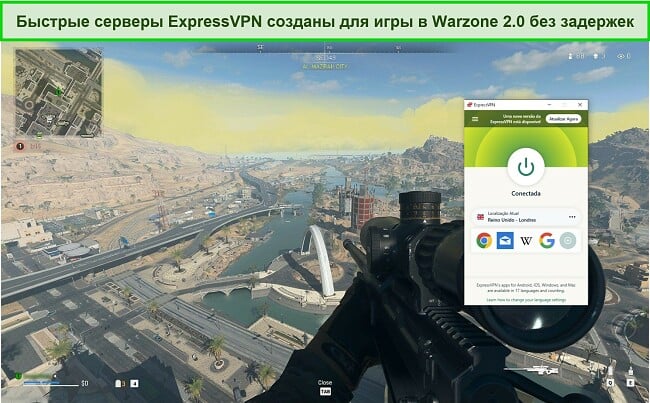 Скриншот ExpressVPN, подключенного к серверу в Великобритании во время игры в Warzone 2.0