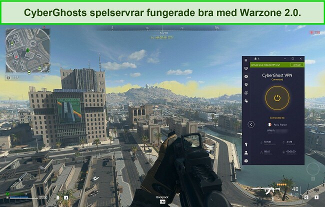 Skärmdump av CyberGhost VPN ansluten till en fransk server medan du spelar Warzone 2.0