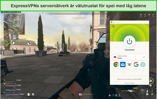 Skärmdump av ExpressVPN ansluten till en brittisk server medan du spelar Warzone 2.0