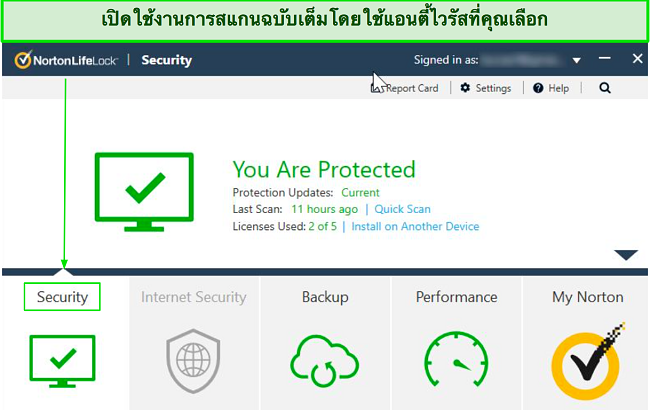 ภาพหน้าจอแดชบอร์ดหลักของ Norton