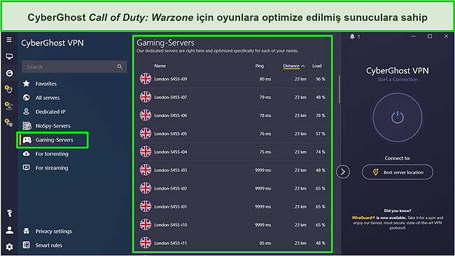 CyberGhost'un oyun sunucuları listesinin ekran görüntüsü.