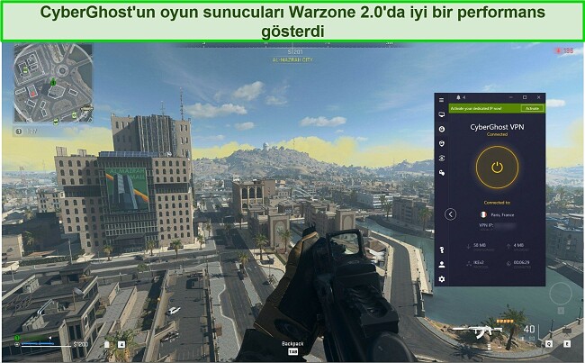 Warzone 2.0 oynarken bir Fransız sunucusuna bağlanan CyberGhost VPN'in ekran görüntüsü
