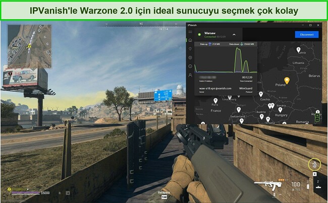 Warzone 2.0 oynarken bir Polonya sunucusuna bağlanan IPVanish'in ekran görüntüsü