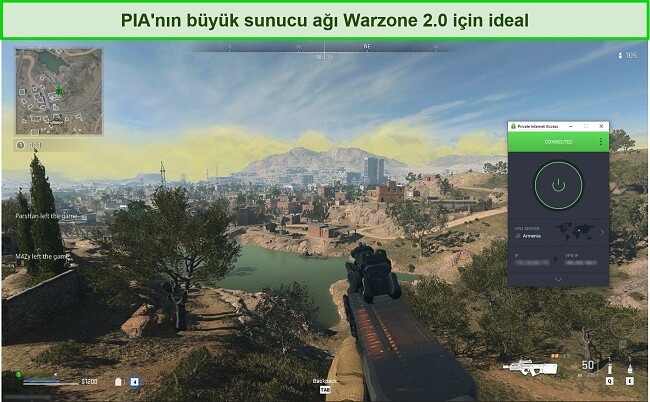 Warzone 2.0 oynarken bir Ermeni sunucusuna bağlanan Özel İnternet Erişiminin ekran görüntüsü