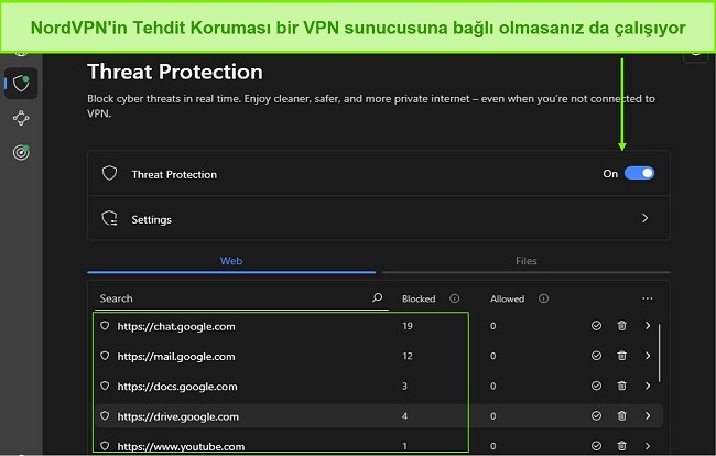 NordVPN Tehdit Koruma Özelliğinin ekran görüntüsü