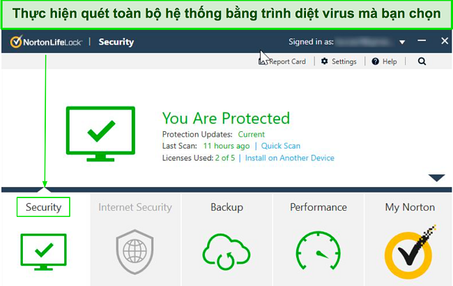 Ảnh chụp màn hình bảng điều khiển chính của Norton