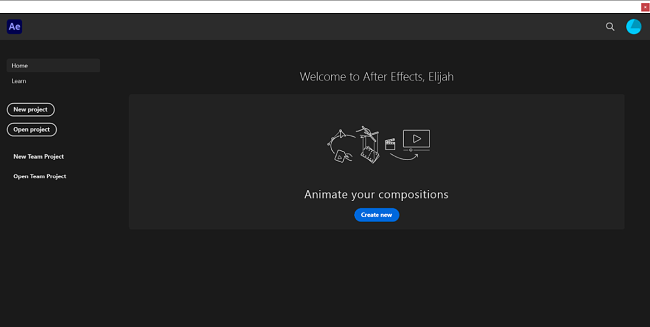 Adobe After Effect welcome page