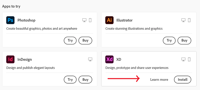 Screenshot of Adobe apps