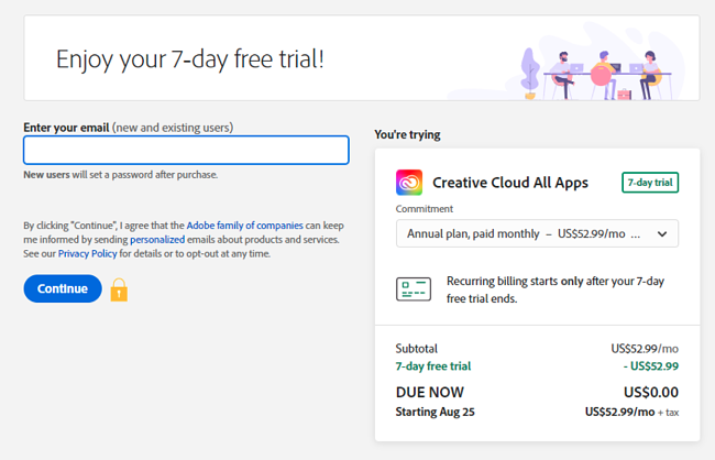 Screenshot of Adobe Creative Cloud free trial