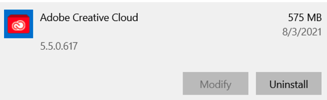 Screenshot of Adobe Creative Cloud uninstall