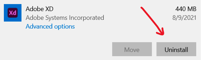 Screenshot of uninstalling Adobe XD