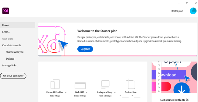 Screenshot of getting started with Adobe XD